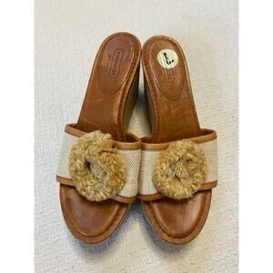Coach Jazmin Cork And Canvas Wedge Sandal Flower Accent Neutral Beach Coastal